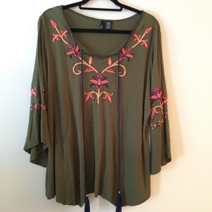 Green Embroidered Cold Shoulder Top